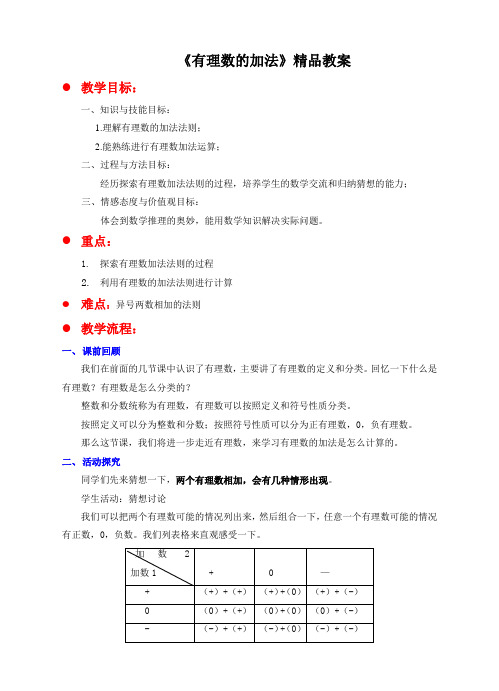 北师大版七年级数学上册《有理数的加法》精品教案