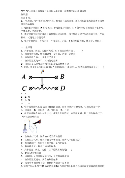 2023-2024学年云南省祥云县物理九年级第一学期期中达标检测试题含解析