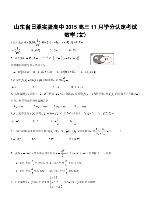 山东省日照实验高中2015高三11月学分认定考试数学(文)