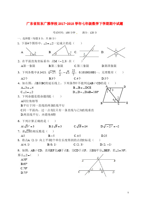 广东省阳东广雅学校七年级数学下学期期中试题 新人教版