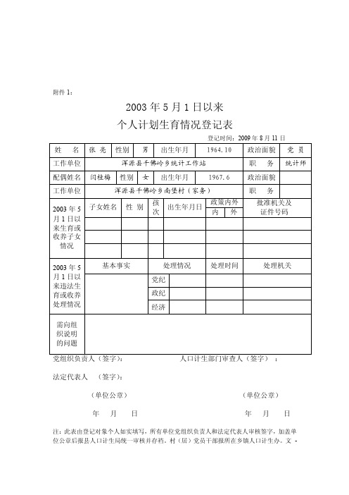 个人计划生育情况登记表