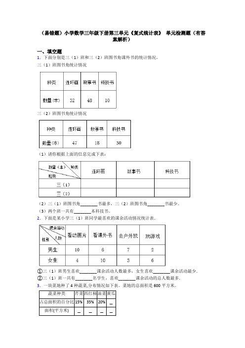 (易错题)小学数学三年级下册第三单元《复式统计表》 单元检测题(有答案解析)