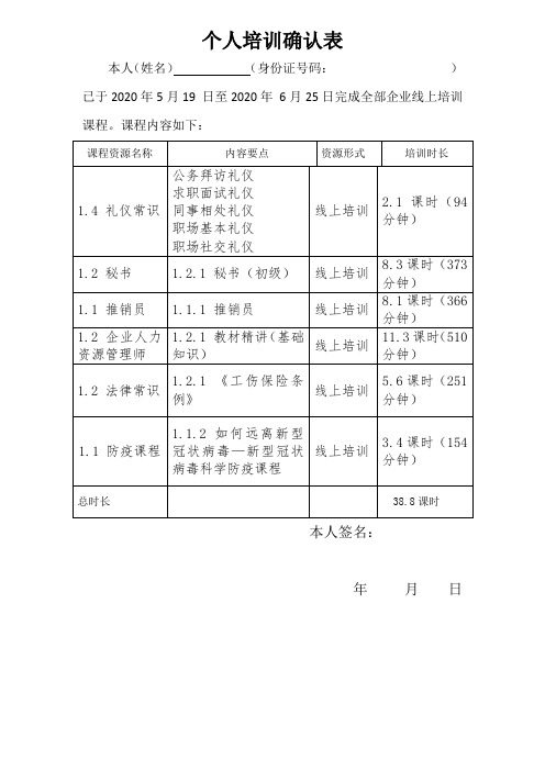 个人培训确认表