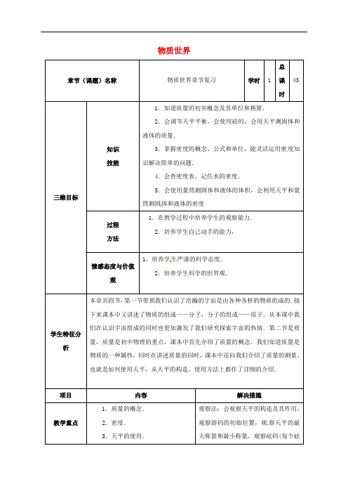 中考物理物质世界复习教案