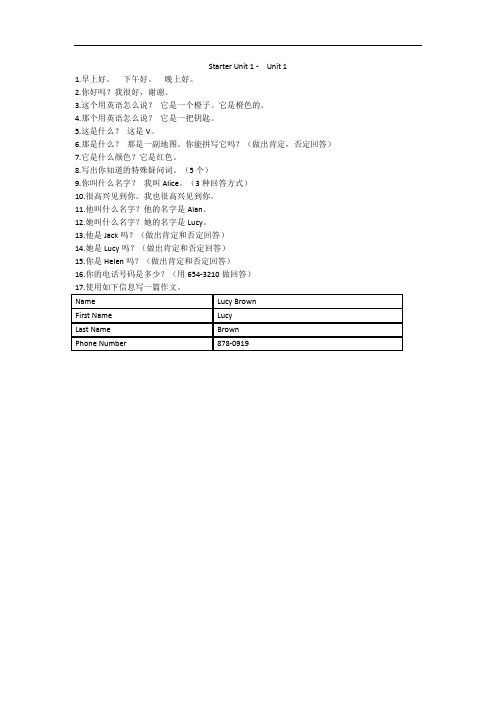 人教版七年级上册 Starter Unit 1 - Unit 5 SA 知识点合集适合听写(有答案)