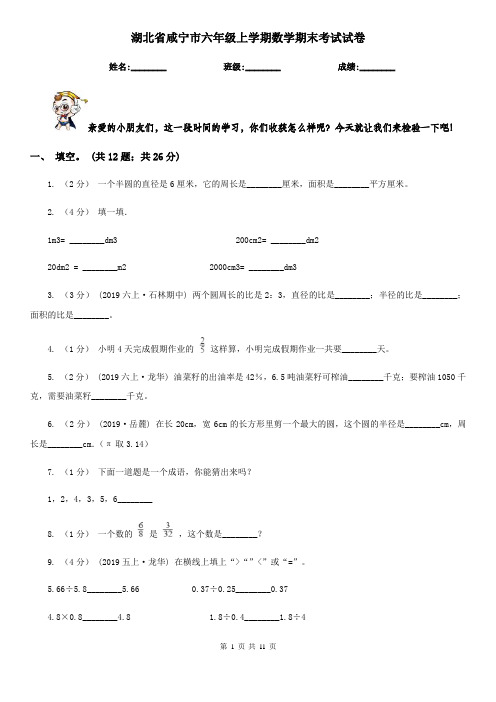 湖北省咸宁市六年级上学期数学期末考试试卷