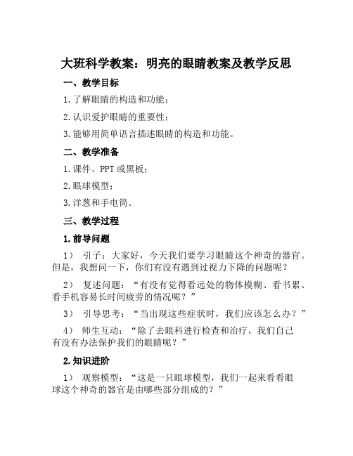 大班科学教案明亮的眼睛教案及教学反思