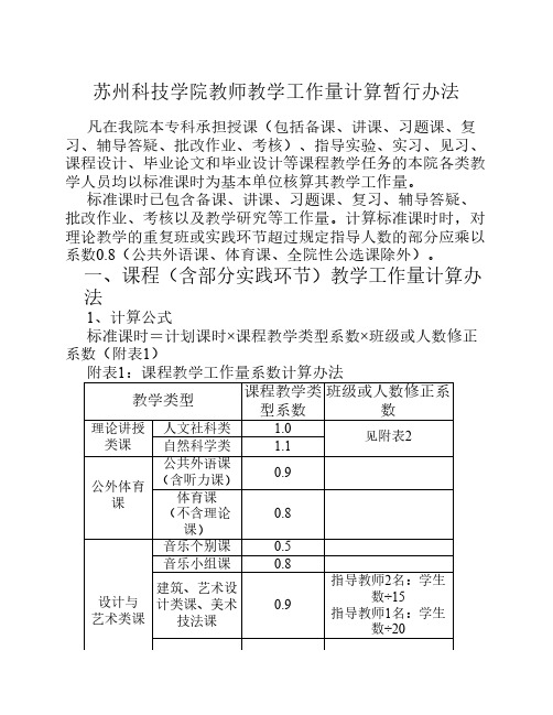 苏州科技学院教师教学工作量计算办法