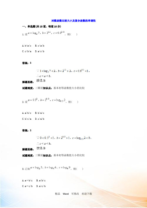 2021年人教A版高一数学必修1：第3章对数函数比较大小及复合函数的单调性 Word版含答案