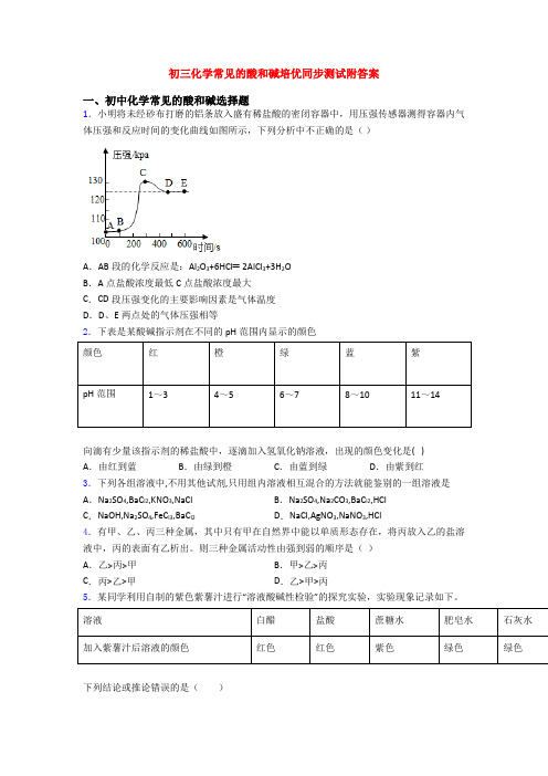 初三化学常见的酸和碱培优同步测试附答案