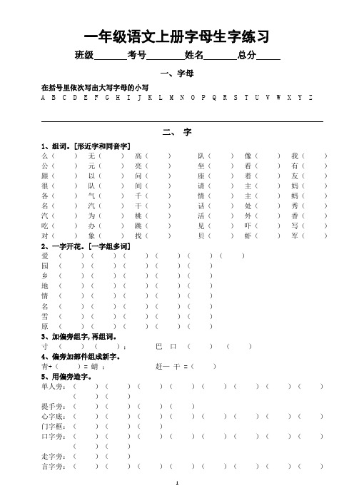 小学语文部编版一年级上册基础知识汇总练习(字母,字词,词语,句子)(附参考答案)