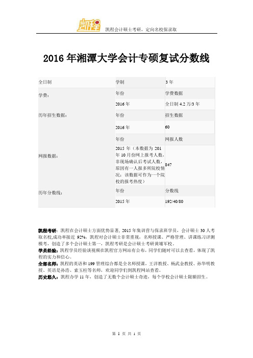 2016年湘潭大学会计专硕复试分数线