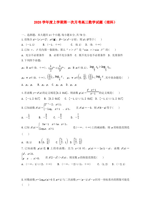 黑龙江省哈尔滨市呼兰区第一中学2020届高三数学上学期第一次月考试题 理