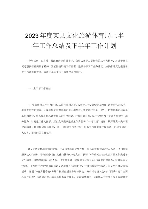 2023年度某县文化旅游体育局上半年工作总结及下半年工作计划