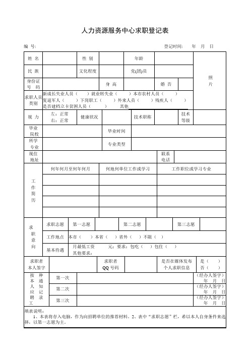 人力资源服务中心求职登记表