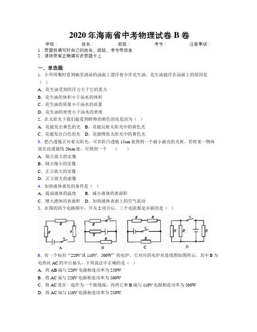 2020年海南省中考物理试卷B卷附解析