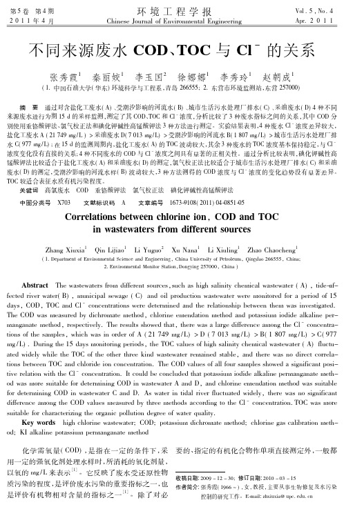 不同来源废水COD、TOC与Cl-的关系