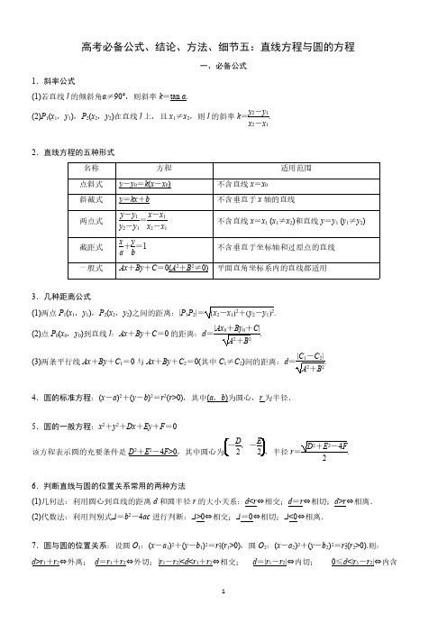 高考必备公式、结论、方法、细节五：直线方程与圆的方程