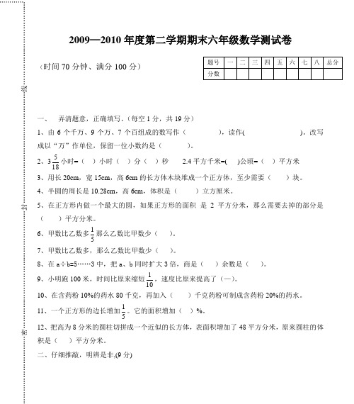 2009—2010年度第二学期期末六年级数学测试卷