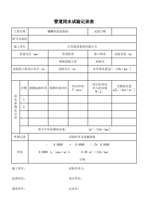 给排水管道闭水试验记录表(自动计算)