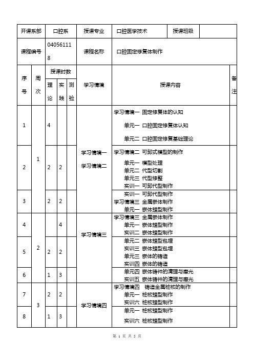 《口腔固定修复体制作》教学日历