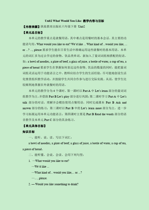 陕旅版英语六年级下册Unit2_What_Would_You_Like_教学内容与目标