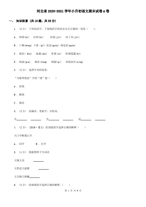 河北省2020-2021学年小升初语文期末试卷A卷(新版)