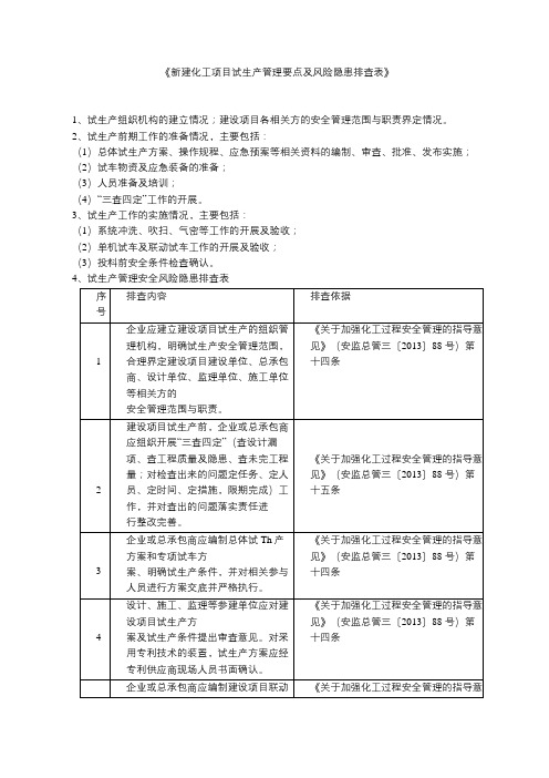 《新建化工项目试生产管理要点及风险隐患排查表》