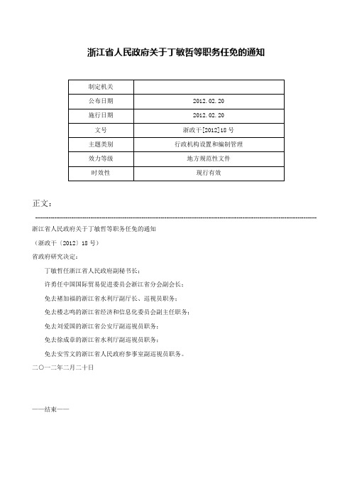 浙江省人民政府关于丁敏哲等职务任免的通知-浙政干[2012]18号