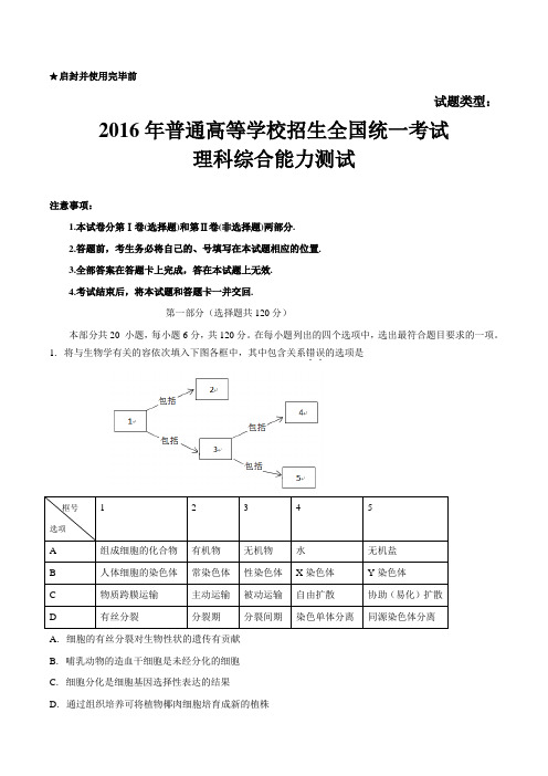 2016年北京理综高考试题(含答案)