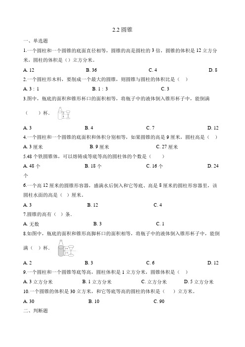 【小学数学】六年级数学下册试题 一课一练2.2圆锥 西师大版(含答案)