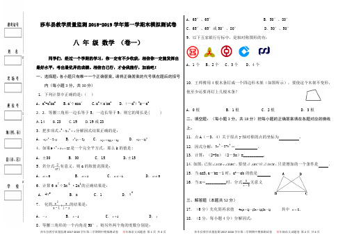 2018-2019八年级数学期末试卷(题目答题卡答案全套)10