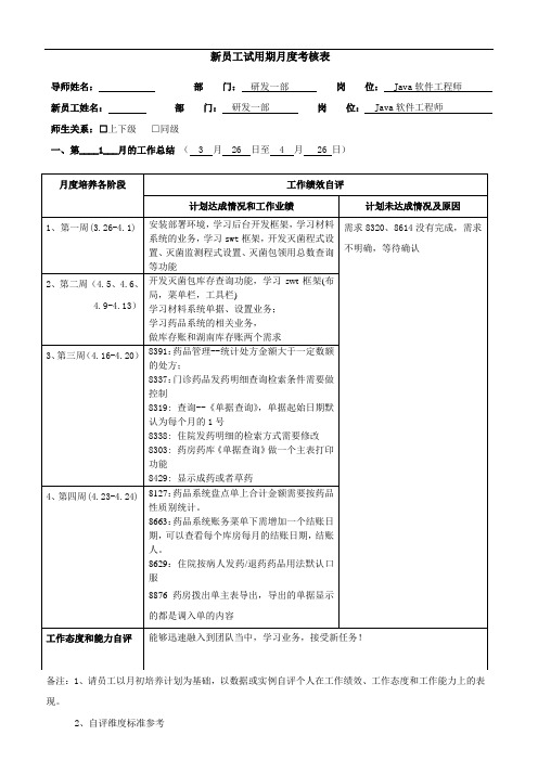 新员工试用期月度考核表