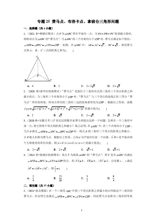 专题25 费马点、布洛卡点、拿破仑三角形问题(学生版)