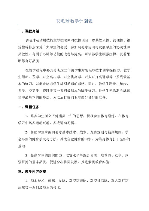 羽毛球教学计划表