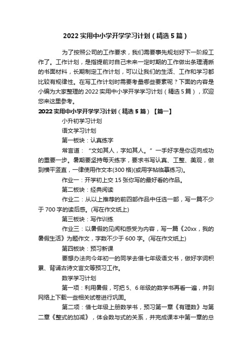 2022实用中小学开学学习计划（精选5篇）