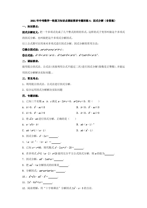 专题训练4：因式分解-2021年中考数学一轮复习知识点课标要求