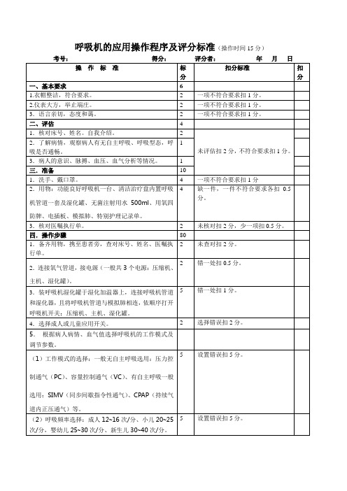 呼吸机的应用操作标准Microsoft Word 文档