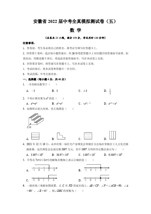 【中考卷】安徽省2022届中考数学全真模拟测试卷(五)(含答案与解析)