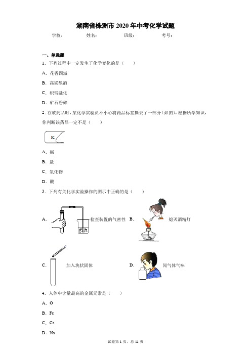 湖南省株洲市2020年中考化学试题(含答案解析)