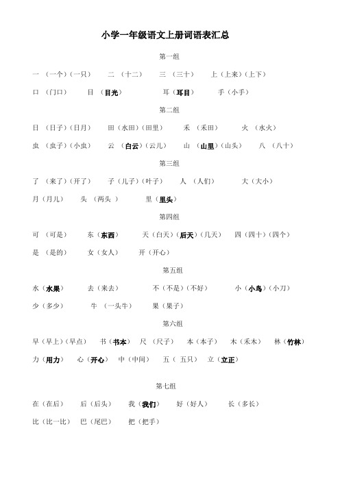 小学一年级语文上册词语表汇总