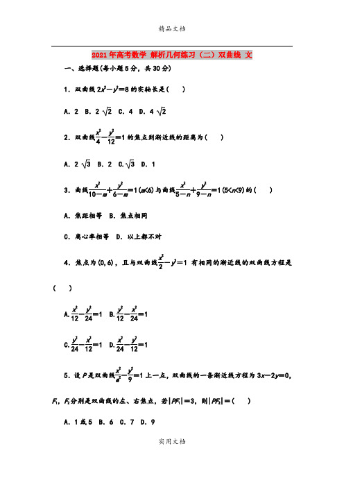 2021年高考数学 解析几何练习(二)双曲线 文