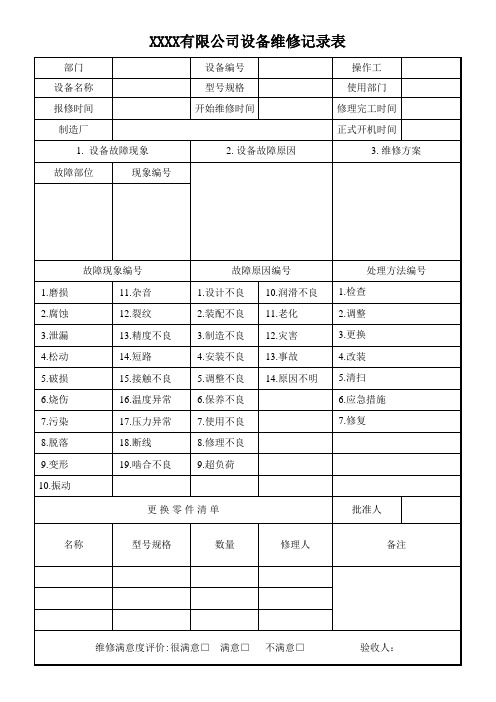 设备维修记录表 数据库 