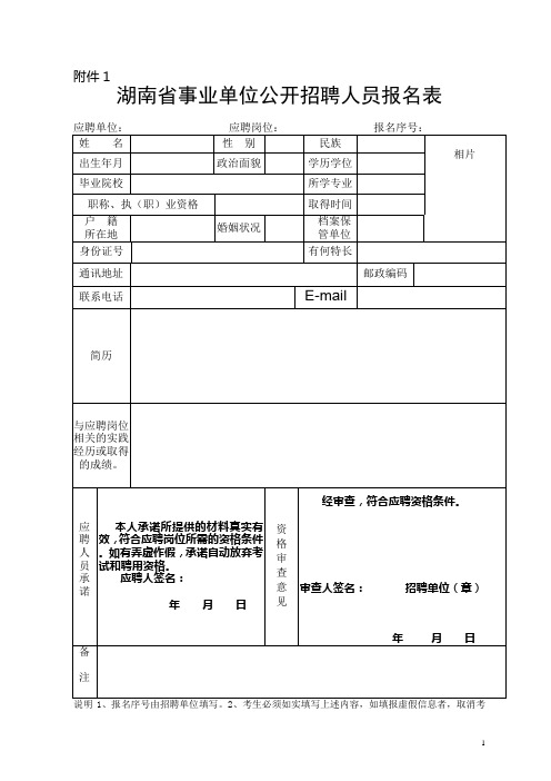 湖南省事业单位公开招聘人员报名表