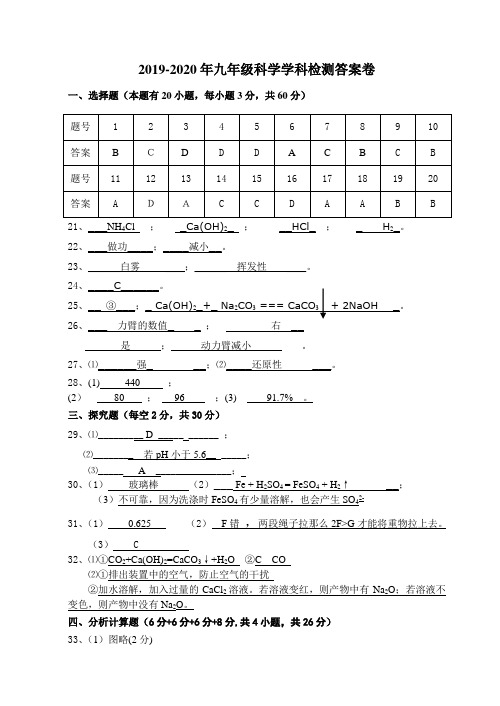 2019-2020年九年级科学学科检测答案卷