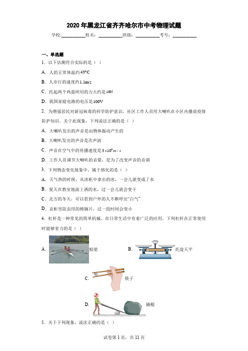 2020年黑龙江省齐齐哈尔市中考物理试题