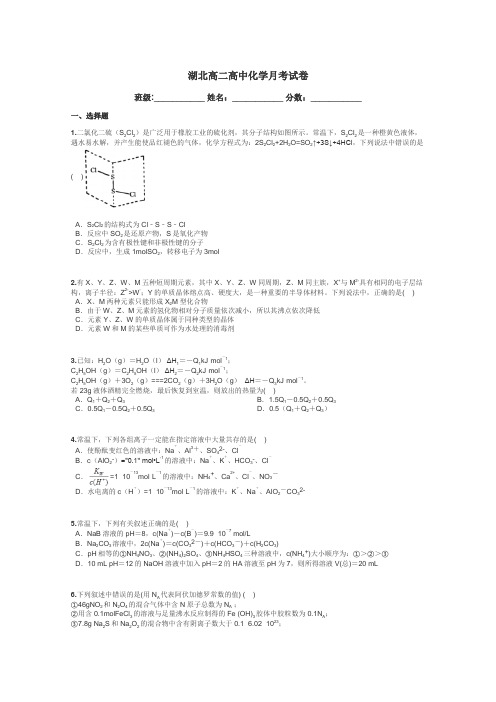 湖北高二高中化学月考试卷带答案解析
