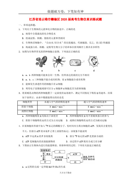 江苏省连云港市赣榆区2020届高考生物仿真训练试题2含答案 师生通用