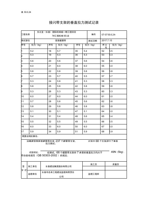 接闪带支架的垂直拉力测试记录