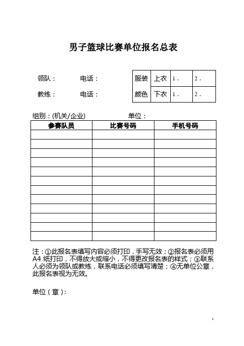 男子篮球比赛单位报名总表